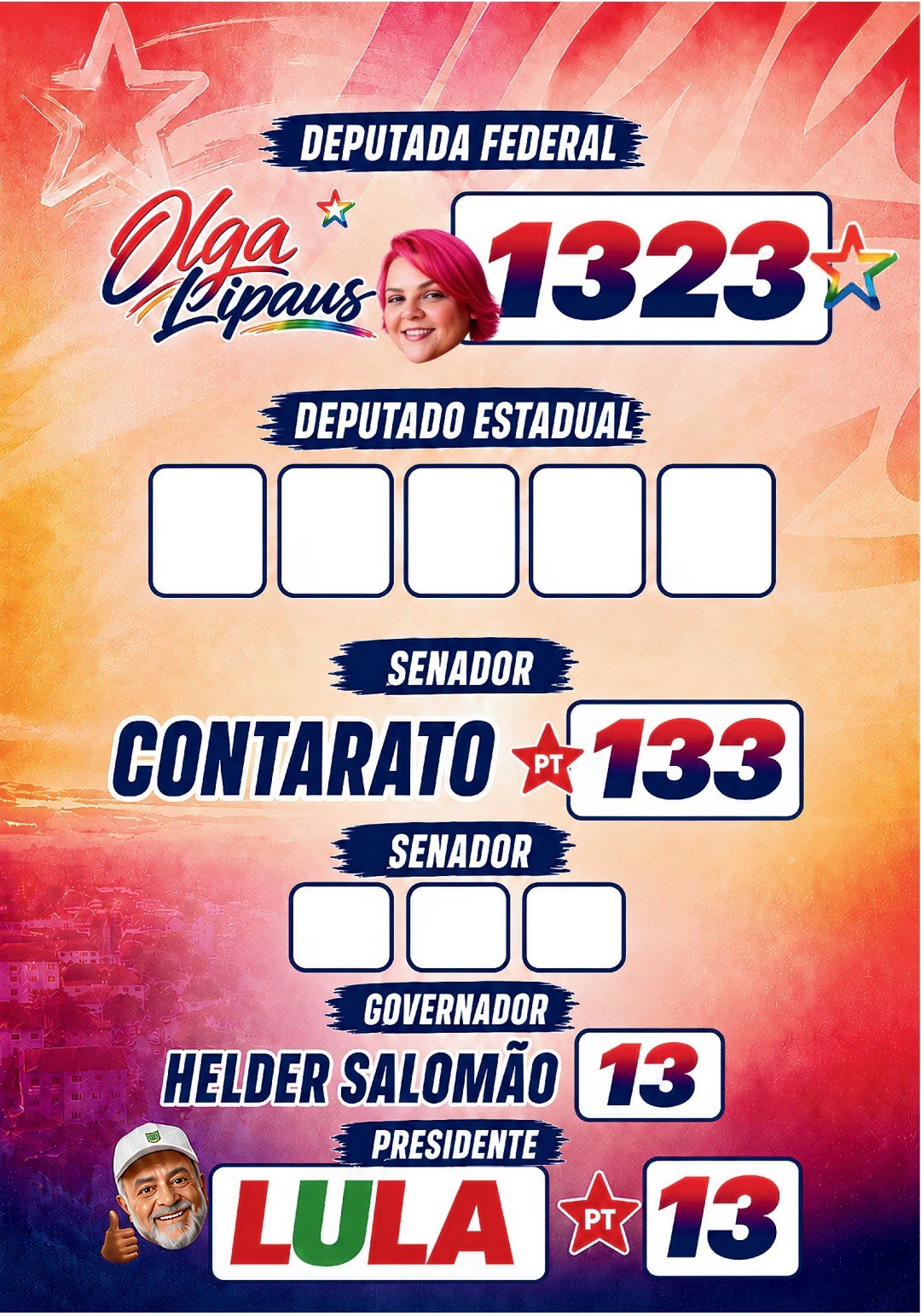 Colinha oficial da chapa: Deputada Federal 1323 Olga Lipaus, Deputado Estadual voto livre, Senador 133 Contarato, Senador voto livre, Governador 13 Helder Salomão, Presidente 13 Lula